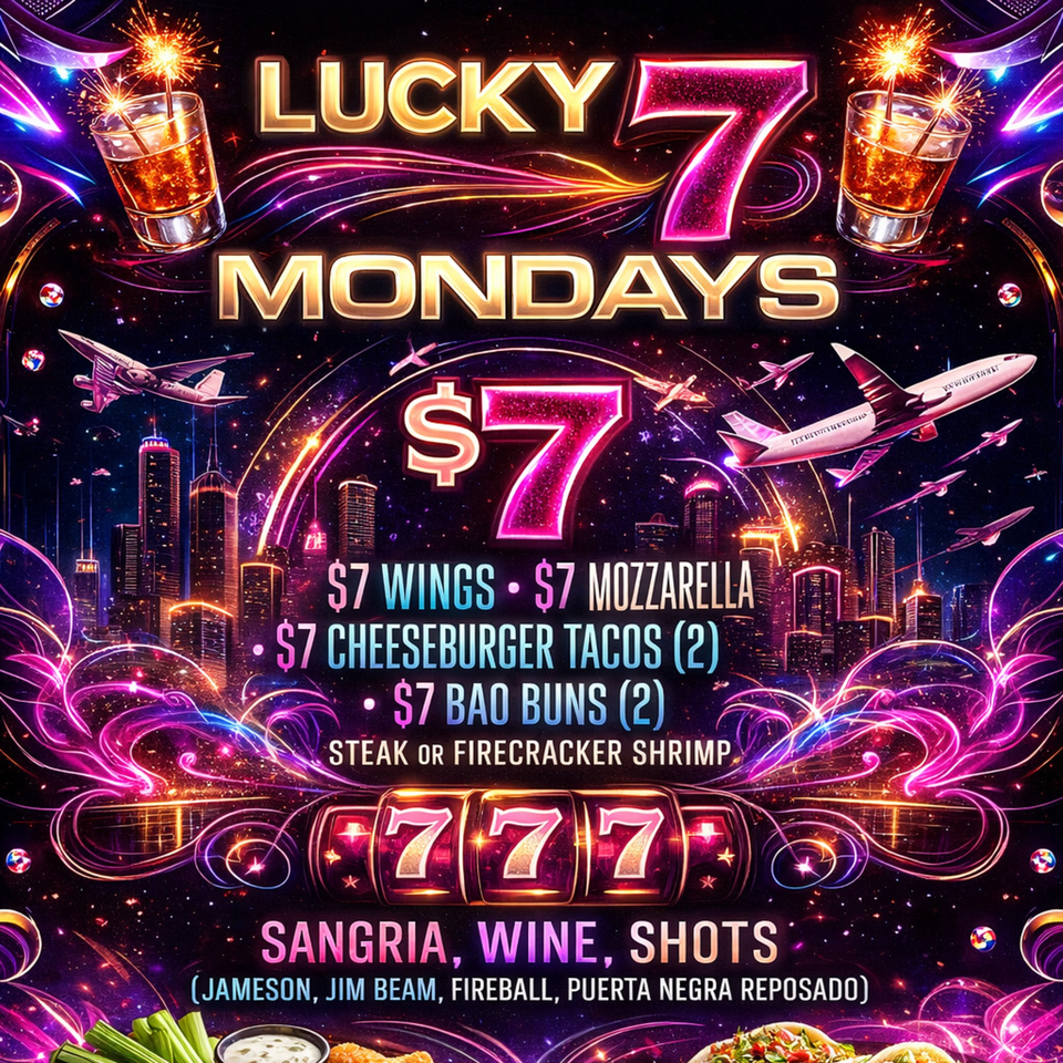 A vibrant, neon-lit advertisement for "Lucky 7 Mondays" with $7 deals on food and drinks.