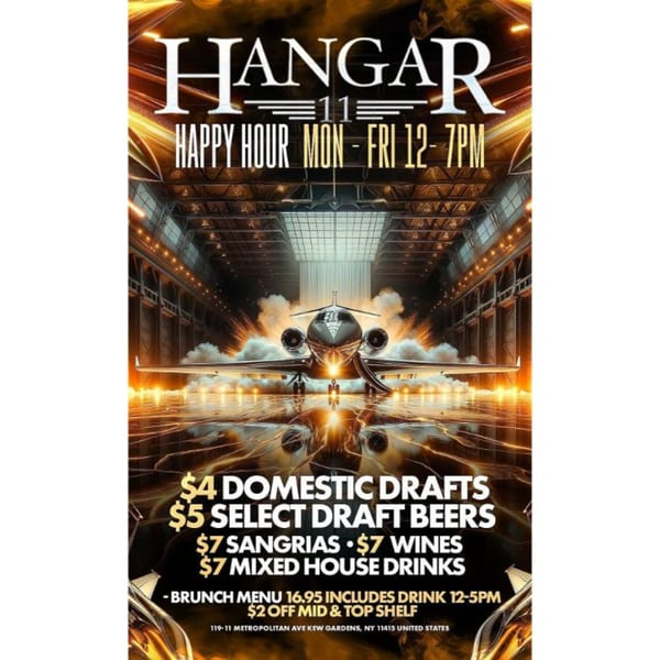 Hangar 11 Burgers happy hour flyer with a jet in a hangar and drink specials.