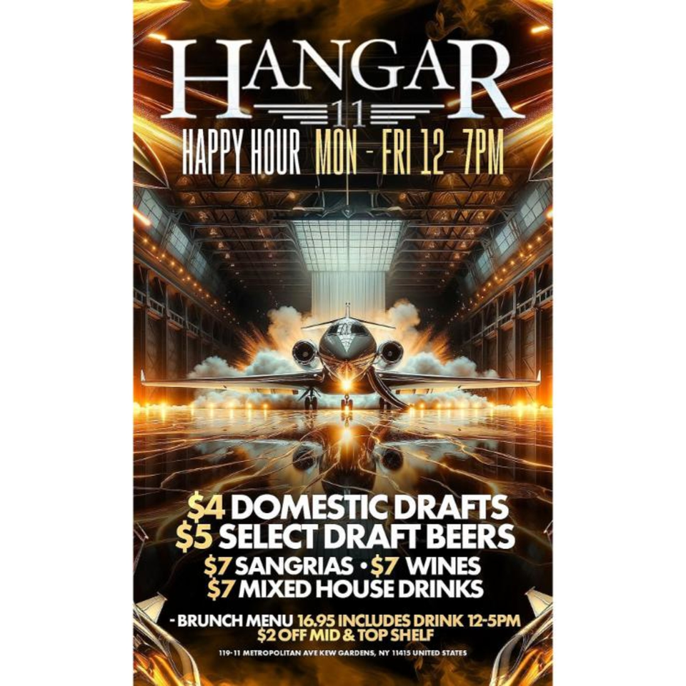 Hangar 11 Burgers happy hour flyer with a jet in a hangar and drink specials.