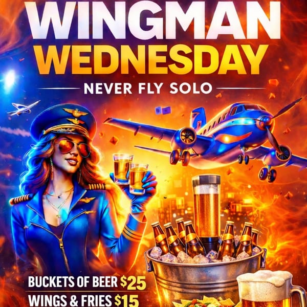A female pilot holding two drinks, with a plane flying above and a bucket of beer and food below.