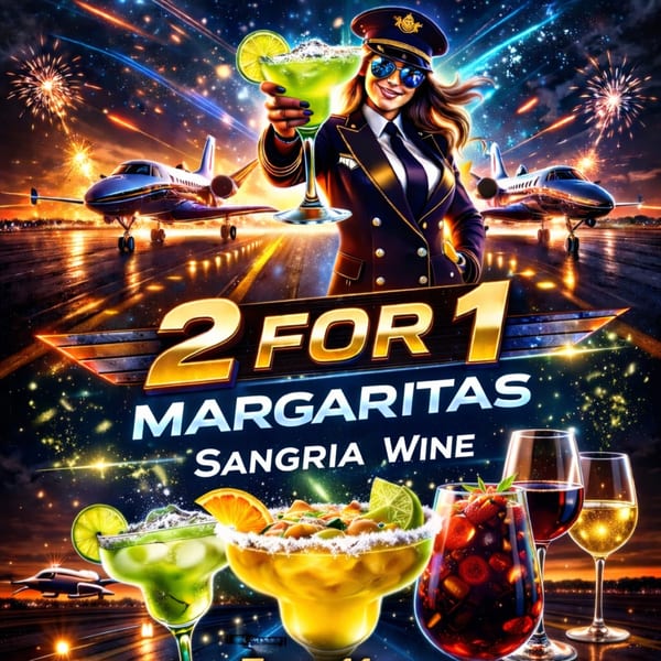 A pilot holds a margarita, with airplanes, fireworks, and drinks, advertising 2-for-1 margaritas and sangria.